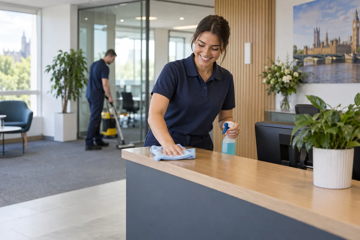A smiling cleaner wiping down an office reception desk