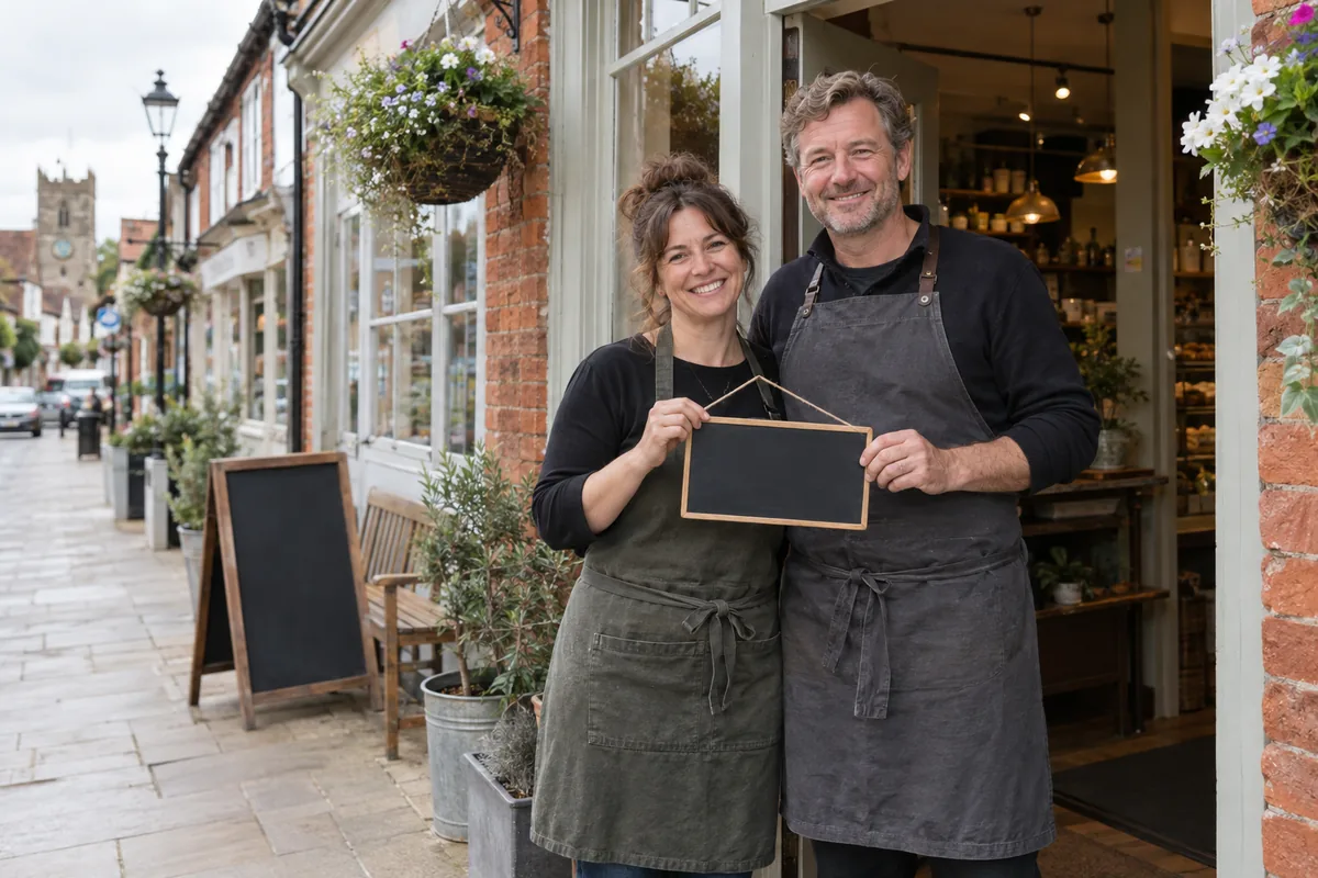 Two smiling owners holding a sign outside their shop on an English high street