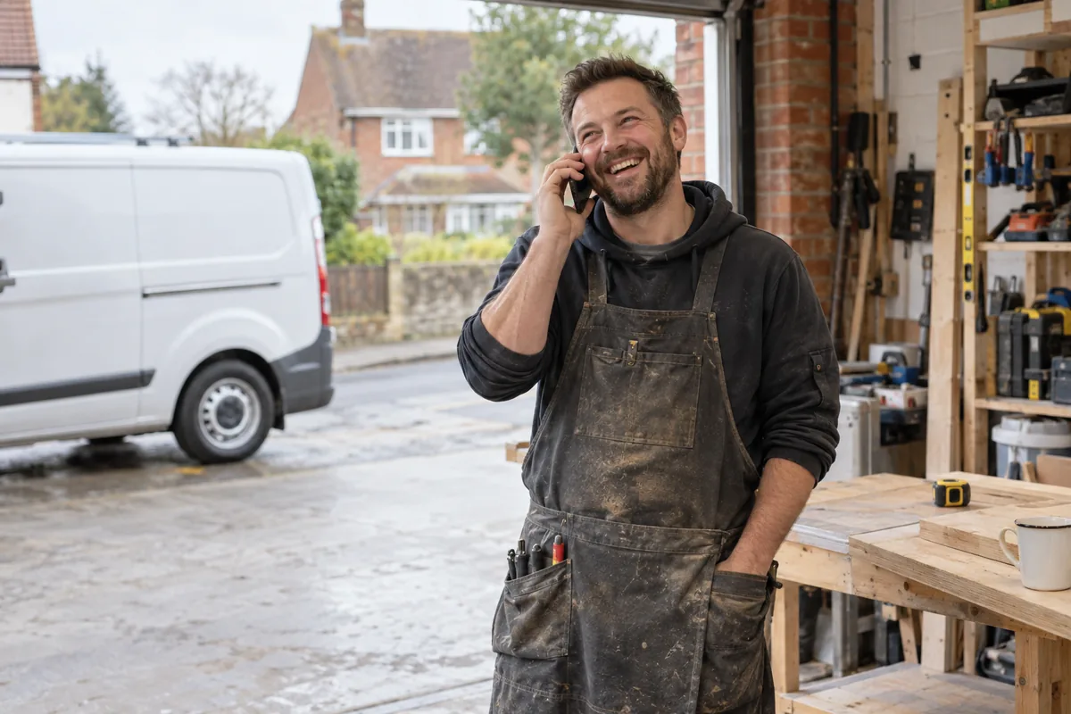 A smiling tradesman in his workshop taking a call on his mobile, with a white van outside