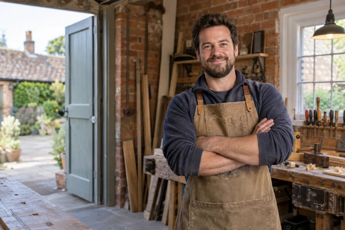 A confident craftsman with arms folded in his workshop
