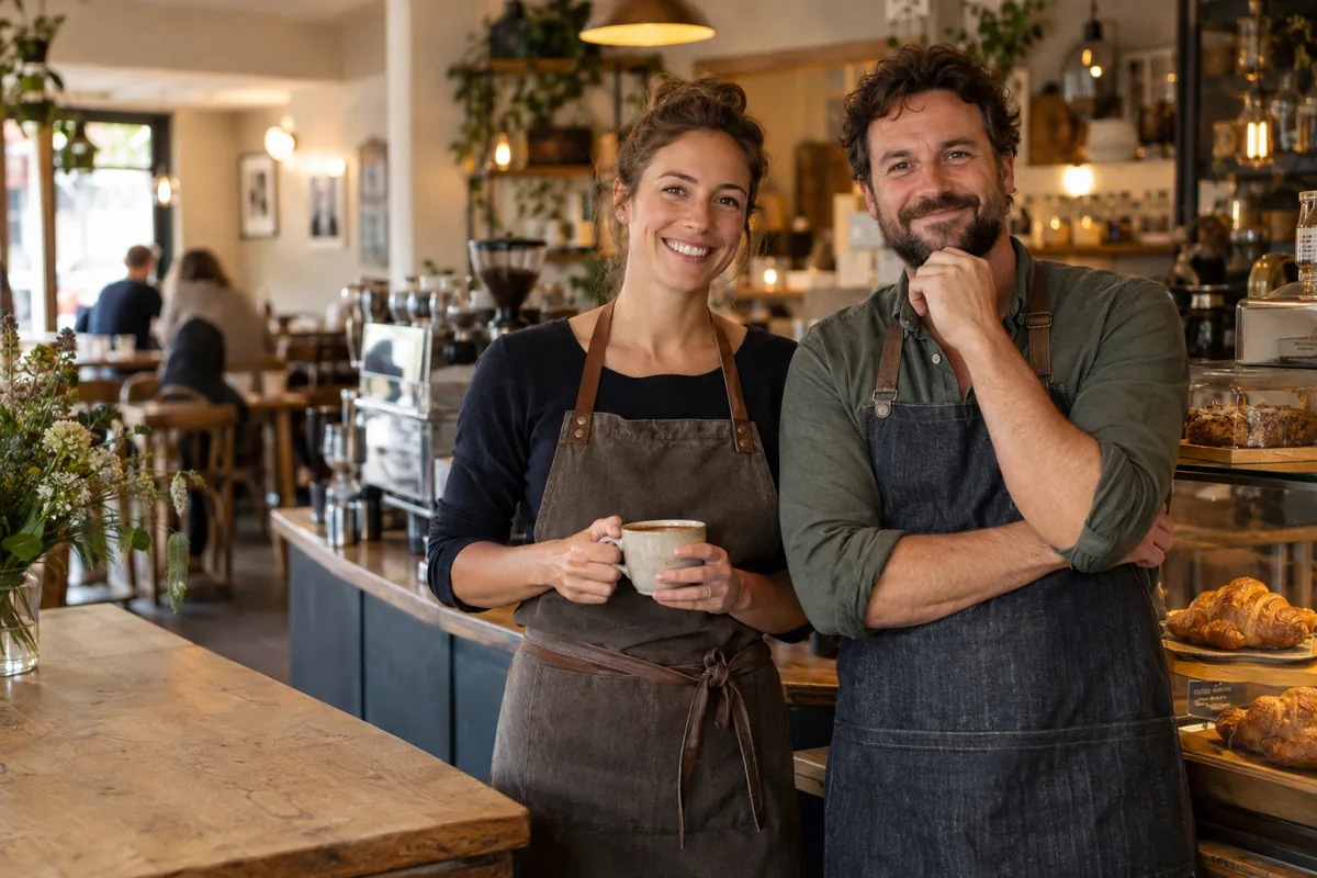 Two smiling café owners standing at their counter