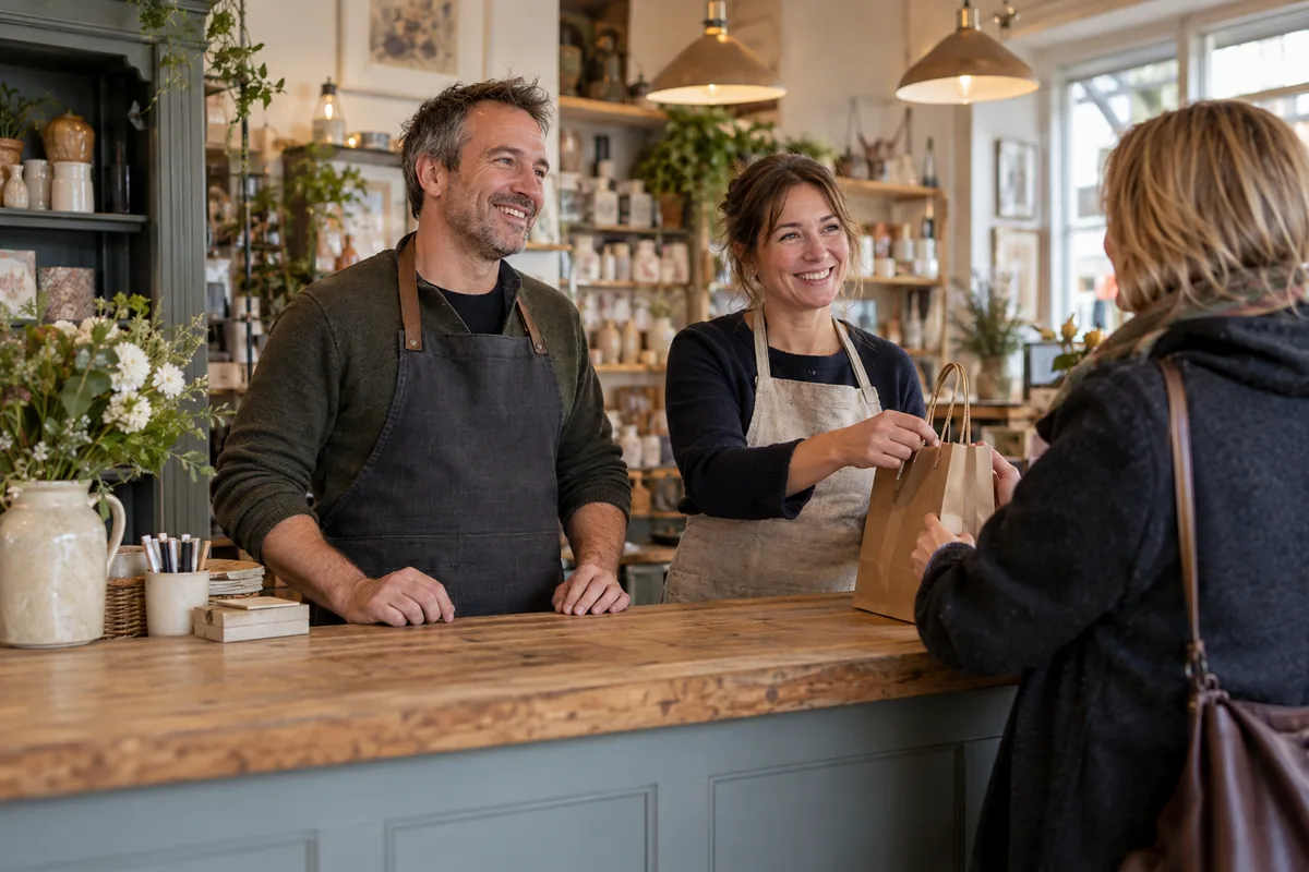 Two shop owners serving a customer at their counter