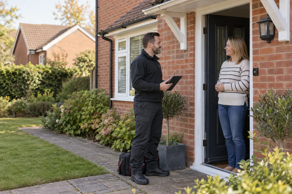 A pest control technician talking to a homeowner at her front door