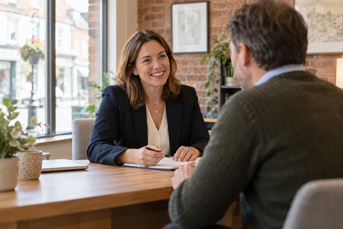 A smiling professional meeting a client in a high-street office