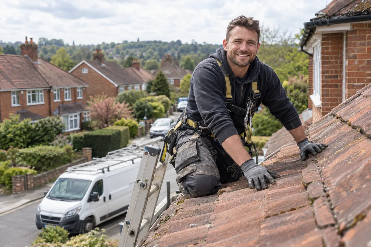 A roofer in a safety harness smiling on a tiled roof above a residential street