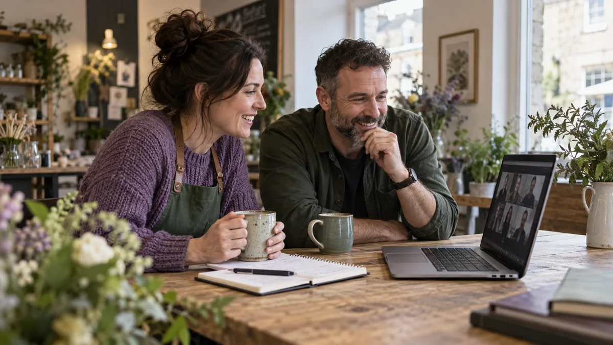 Two local business owners taking part in an online marketing Q&A from their workspace