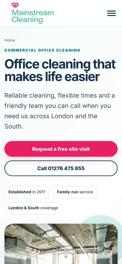 Mainstream Cleaning home page on a mobile phone