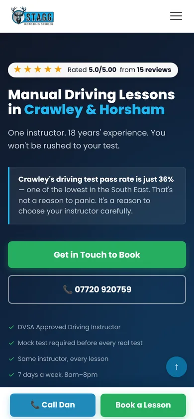 Stagg Motoring School home page on a mobile phone